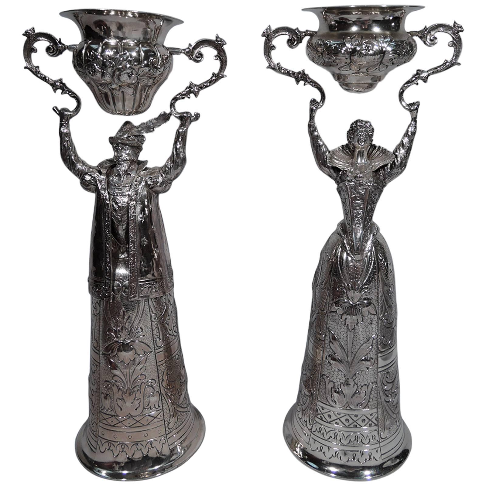 Pair of German Sterling Silver Wedding Cups in Form of Renaissance Man & Woman