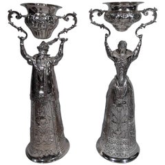 Pair of German Sterling Silver Wedding Cups in Form of Renaissance Man & Woman