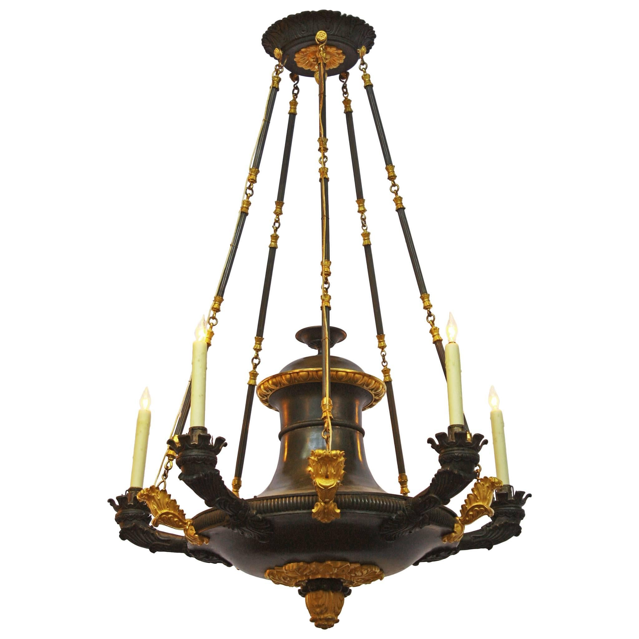 French Empire Patinated and Gilt Bronze Five-Arm Argon Chandelier