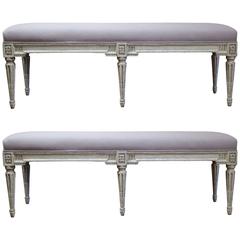 Pair of 19th Century French Louis XVI Painted Benches with Gray Toile
