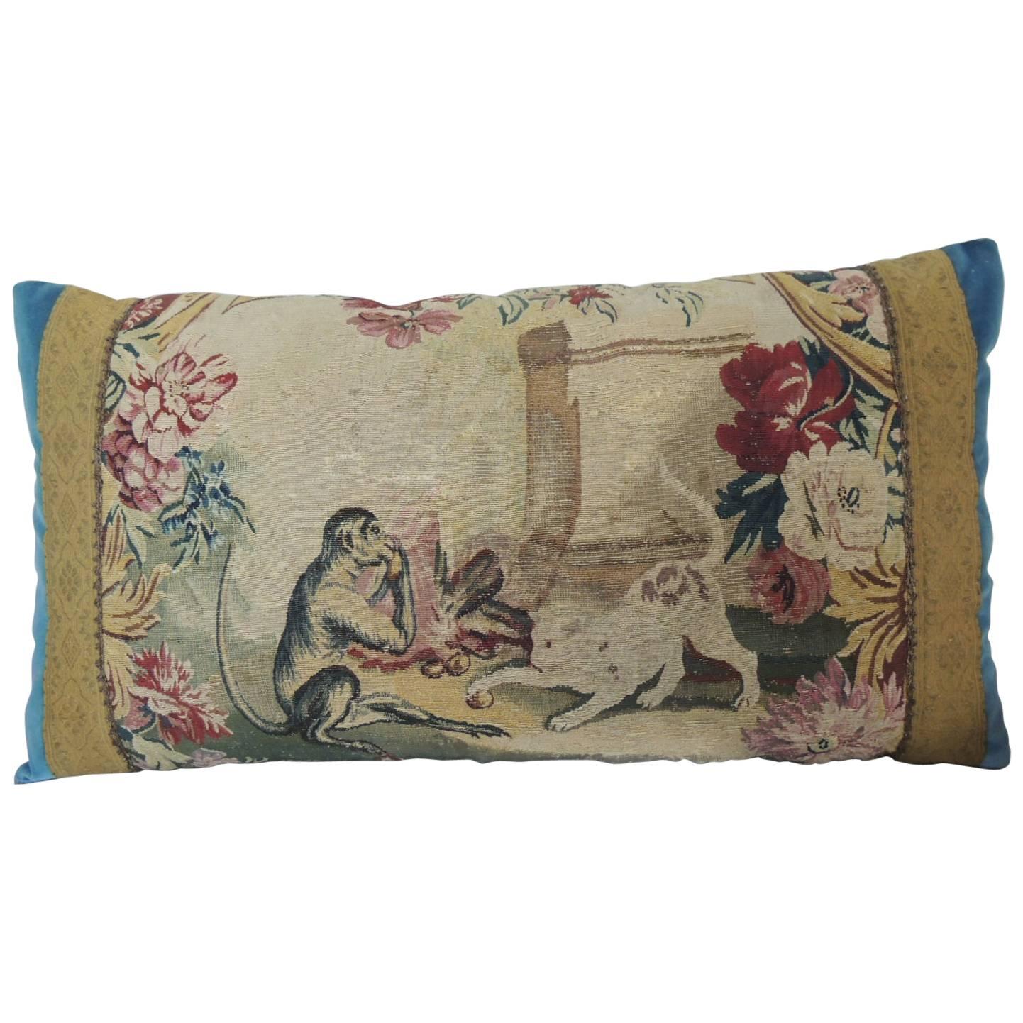 18th Century Monkey and Cat Aubusson Tapestry Large Bolster Decorative Pillow