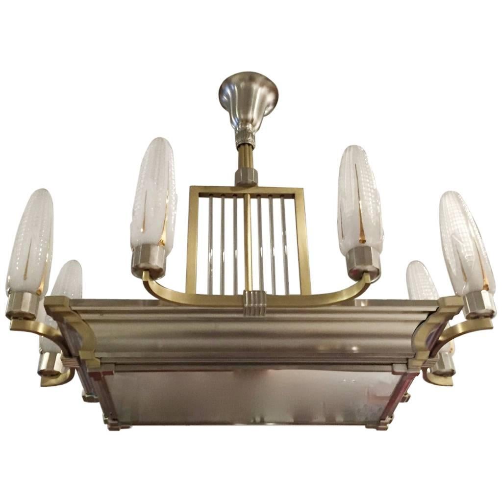 French Art Deco Brass and Nickel Chandelier