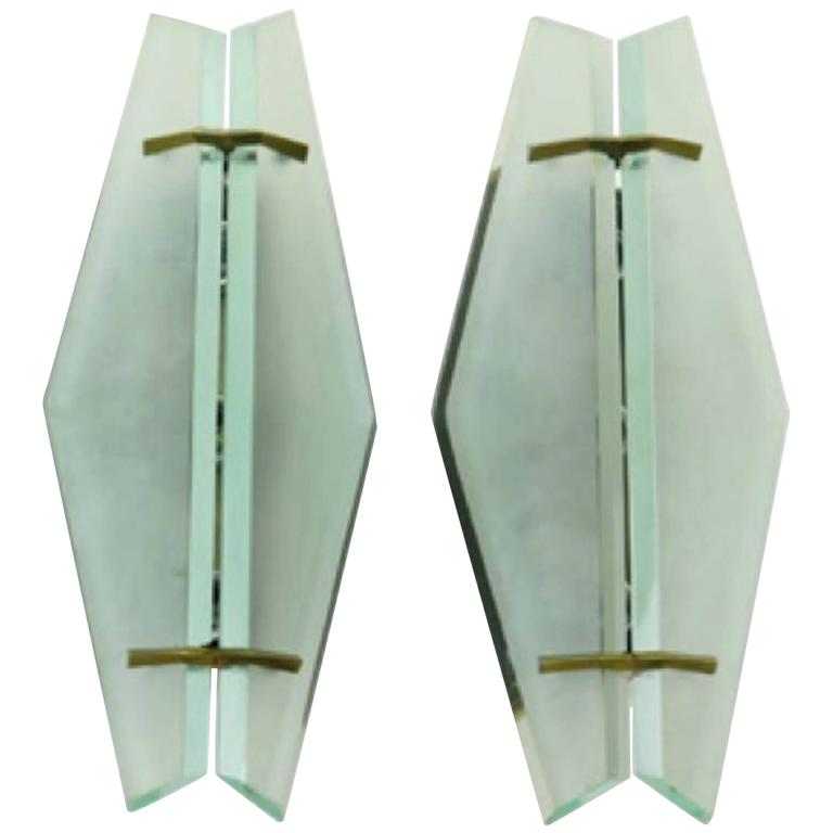 Pair of Max Ingrand for Fontana Arte Chiseled Glass and Nickel Wall
