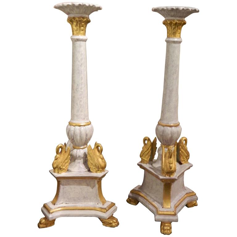 Pair of Italian Painted Wood Candlesticks with Gilded Swans, Early 20th