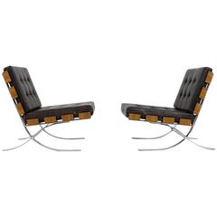 Pair of Rare 1960s Lounge Easy Chairs Steel, Walnut & Leather 'Barcelona Style'