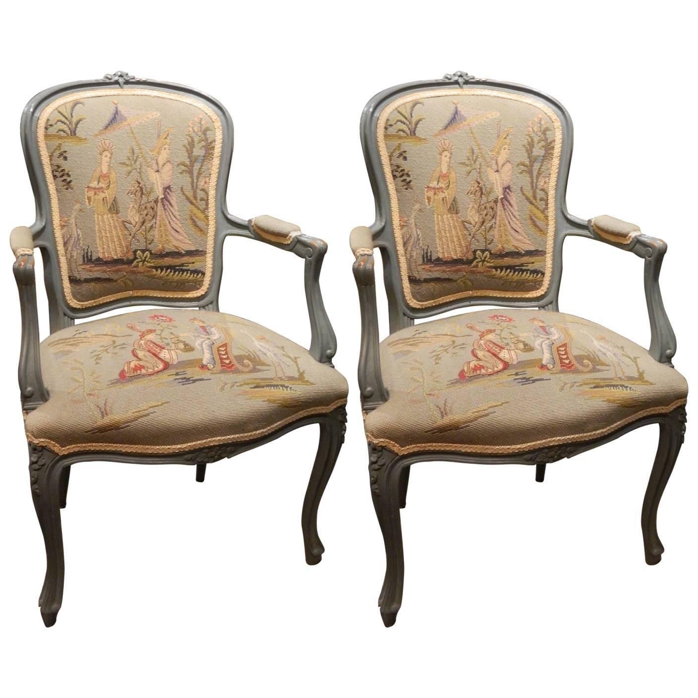 Pair of Louis XVI Style Painted Chairs with Needlepoint Tapestry, 20th Century