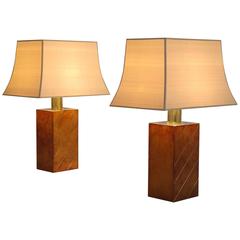 Pair of Brass and Cognac Leather Table Lamps