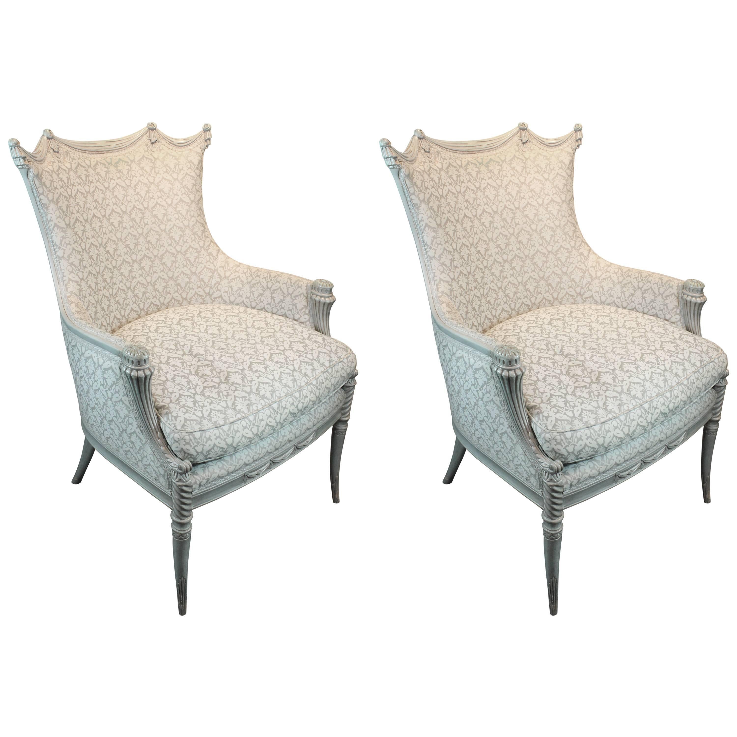 Pair of Carved and Painted Bergeres Upholstered in Fortuny Fabric
