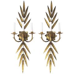 Large Pair of Italian 1960s Gilt-Tole Three-Arm Foliate Electrified Wall Sconces