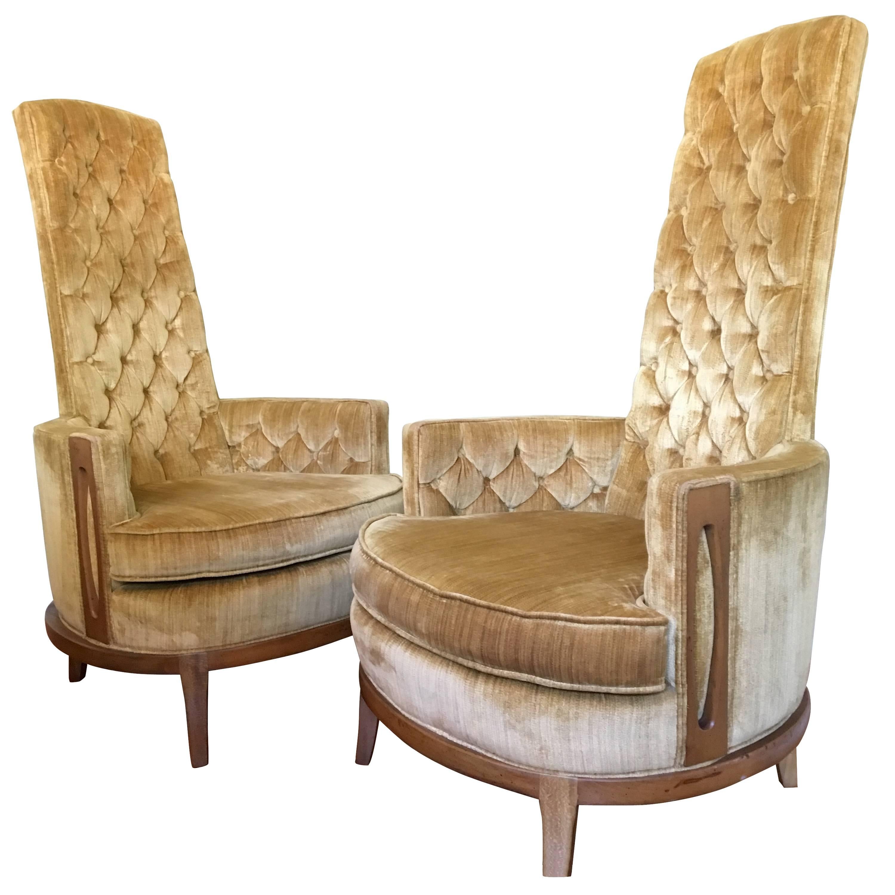 Hollywood Regency Pair of High Back Chairs in Vintage Tufted Gold Velvet