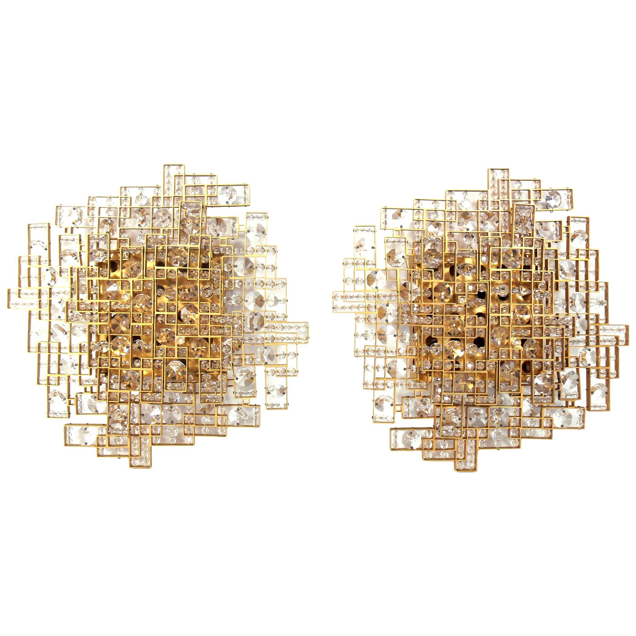 Sculptural Brass and Crystal Sconces by Lobmyer