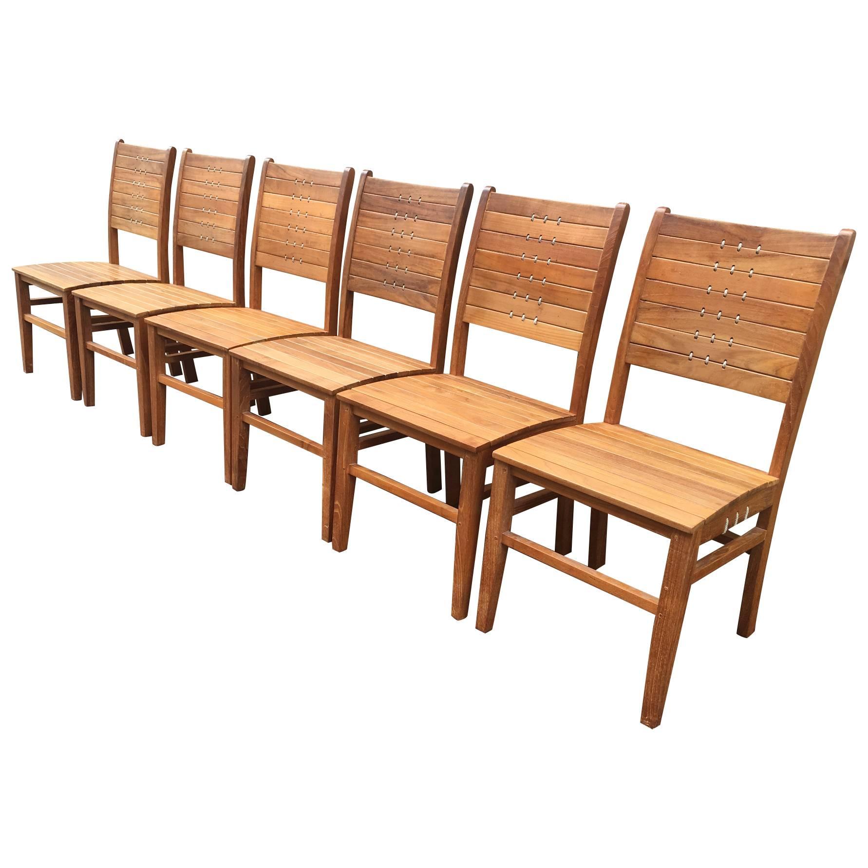 French Riviera Style Set of Six Chairs in Solid Wood and Rope Woven Wood Back For Sale