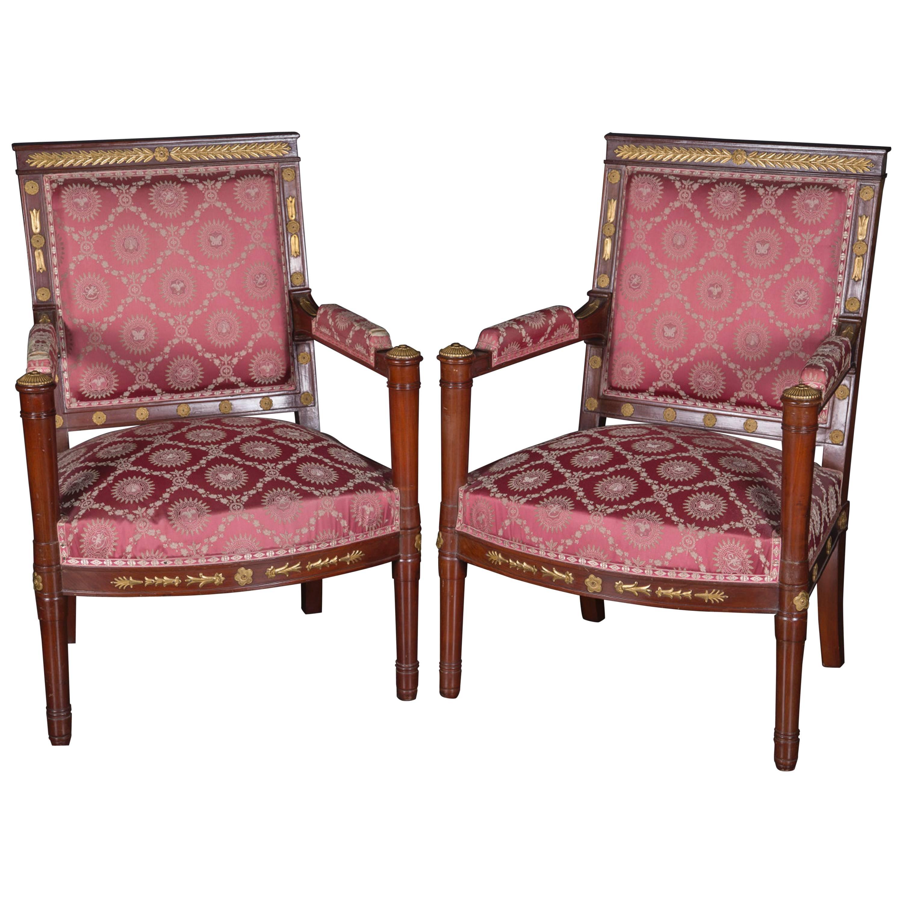 Pair of 19th Century Napoleon III Mahogany Chairs with Bronze d’Ore Details For Sale