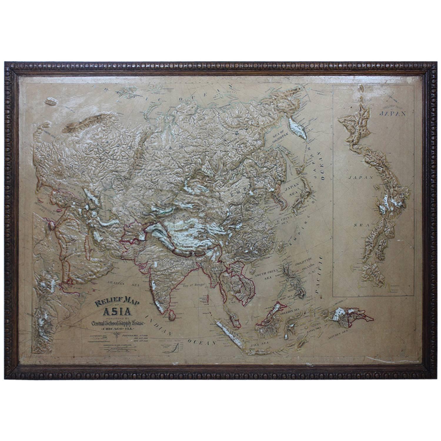 Large 1900s Relief Map of Asia For Sale