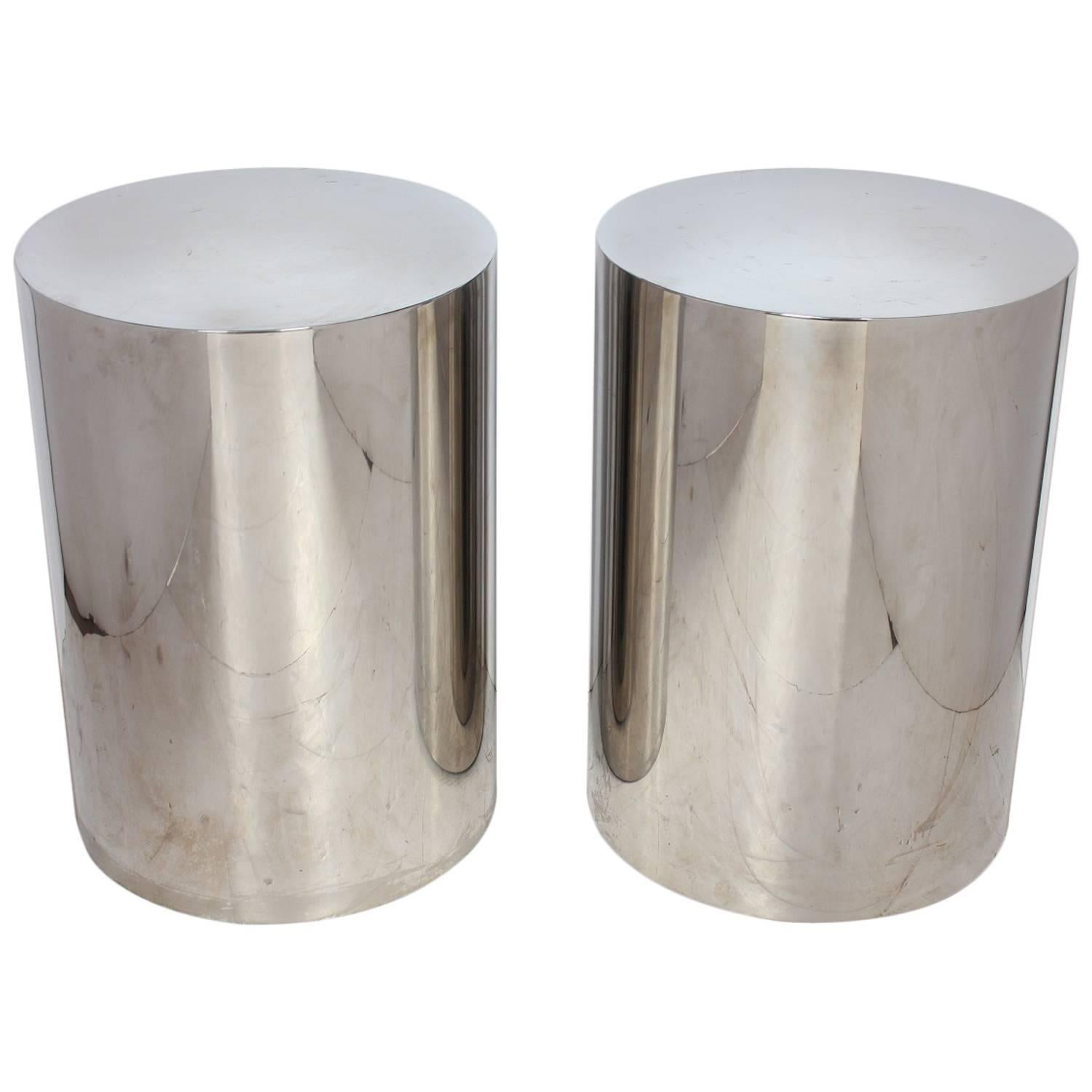 Milo Baughman Style Brushed Steel Drum Side Tables
