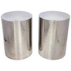 Milo Baughman Style Brushed Steel Drum Side Tables
