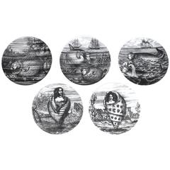 Set of Five Whimsical Nautical Themed Plates by Piero Fornasetti Set of Five Whimsical Nautical Themed Plates by Piero Fornasetti