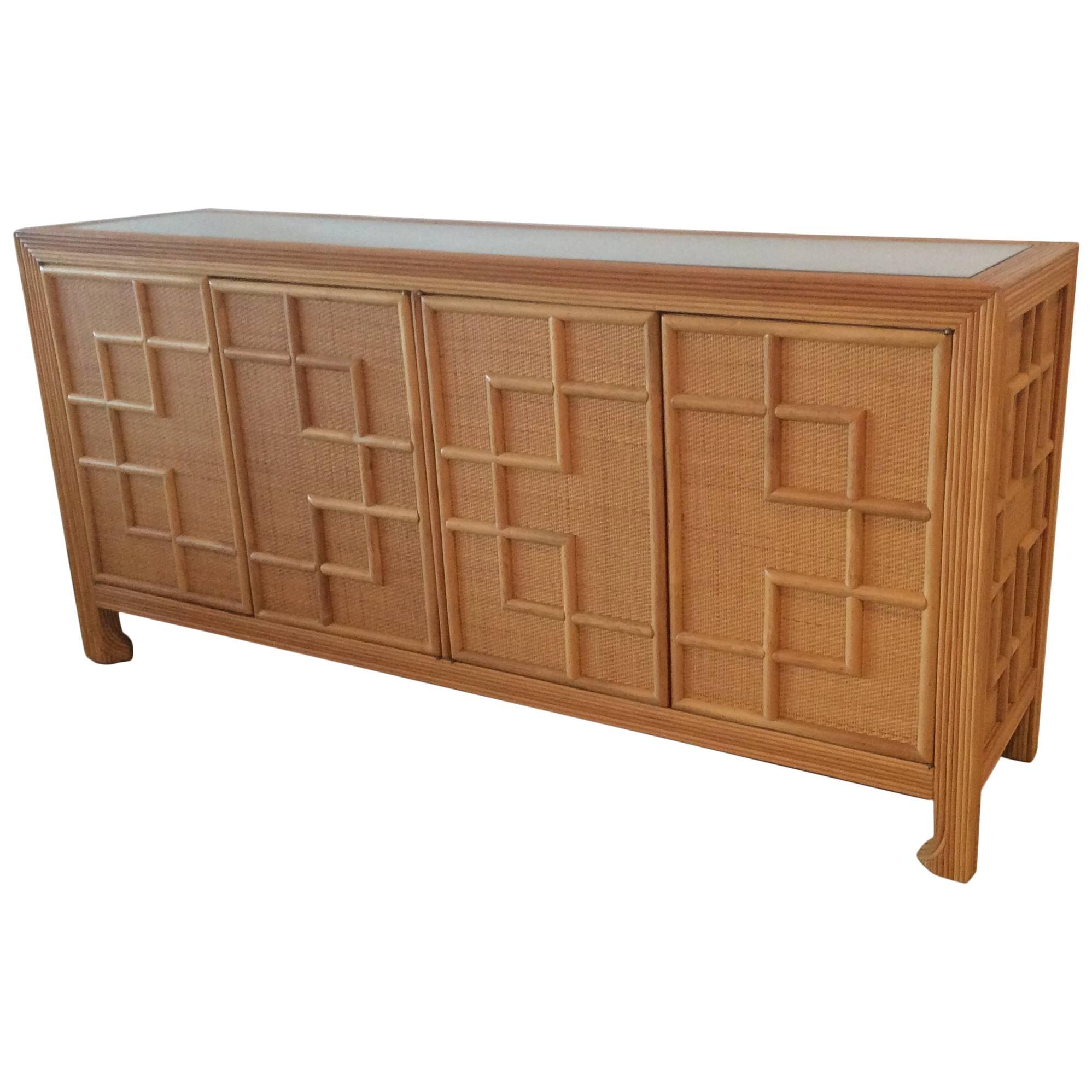 Pencil Reed Bamboo Rattan Wicker Credenza Vintage Buffet Sideboard Dresser