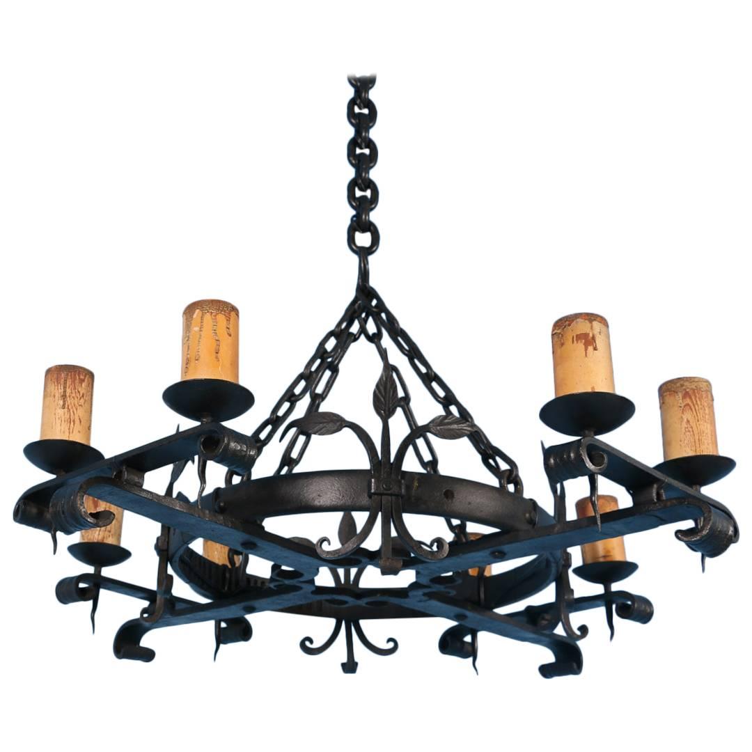 Antique Black Rustic Wrought Iron Danish Chandelier, circa 1910