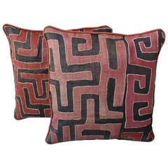 Pair of Rust and Black Kuba Cloth Pillows