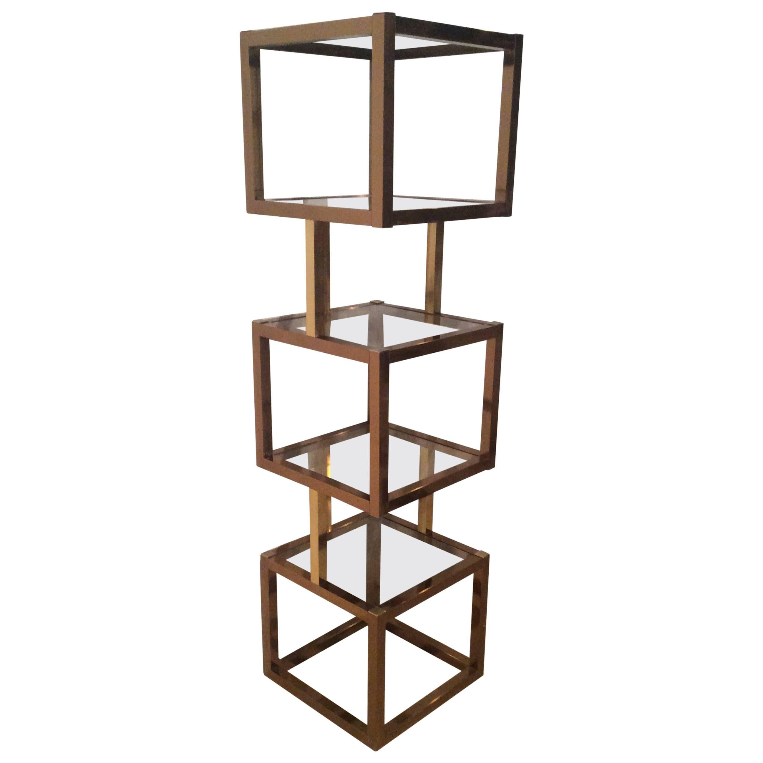 Brass Gold & Rose Copper Cube Square Etagere Vintage Glass Shelves Mixed Metals