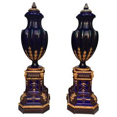 Monumental Pair of Covered Vases of 72"h. English Cobalt Blue Majolica circa 189