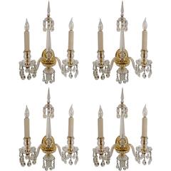 Set of Four Gilt Bronze and Crystal Georgian Style Sconces by E. F. Caldwell