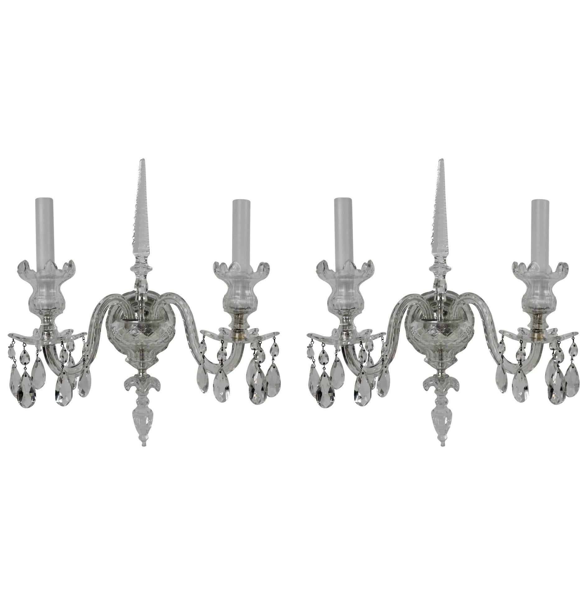 Pair of Georgian Style Cut Crystal Sconces with Silvered Bronze Fittings