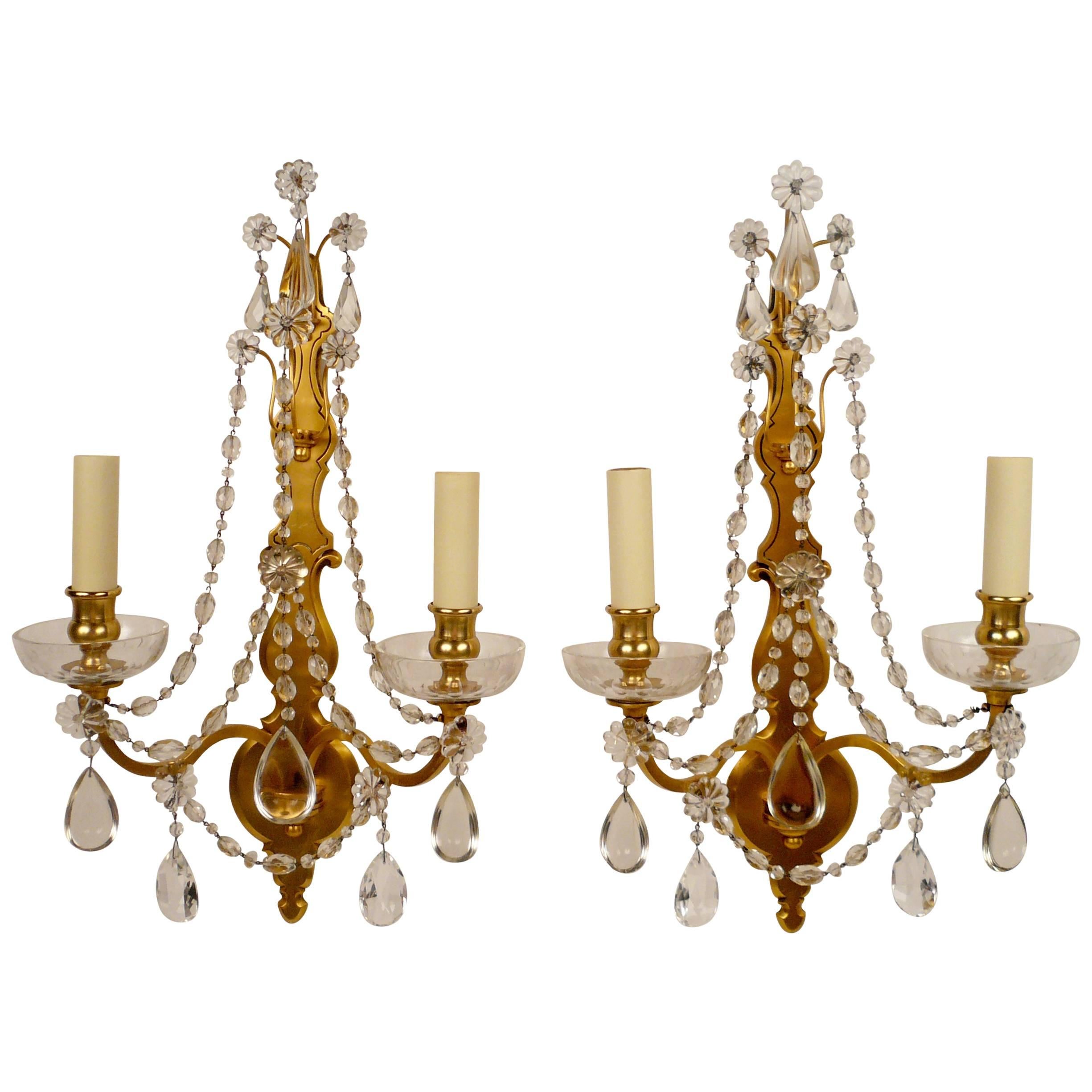 Pair of Gilt Bronze and Crystal Two Light Sconces by Sterling Bronze Co. N.Y For Sale