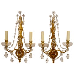 Antique Pair of Gilt Bronze and Crystal Two Light Sconces by Sterling Bronze Co. N.Y