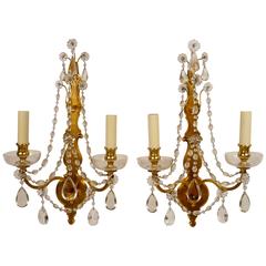 Pair of Gilt Bronze and Crystal Two Light Sconces by Sterling Bronze Co. N.Y 10