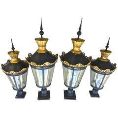 Regency Antique Post Lanterns in Metal & Glass w/Candelabra Lights, Set of Four