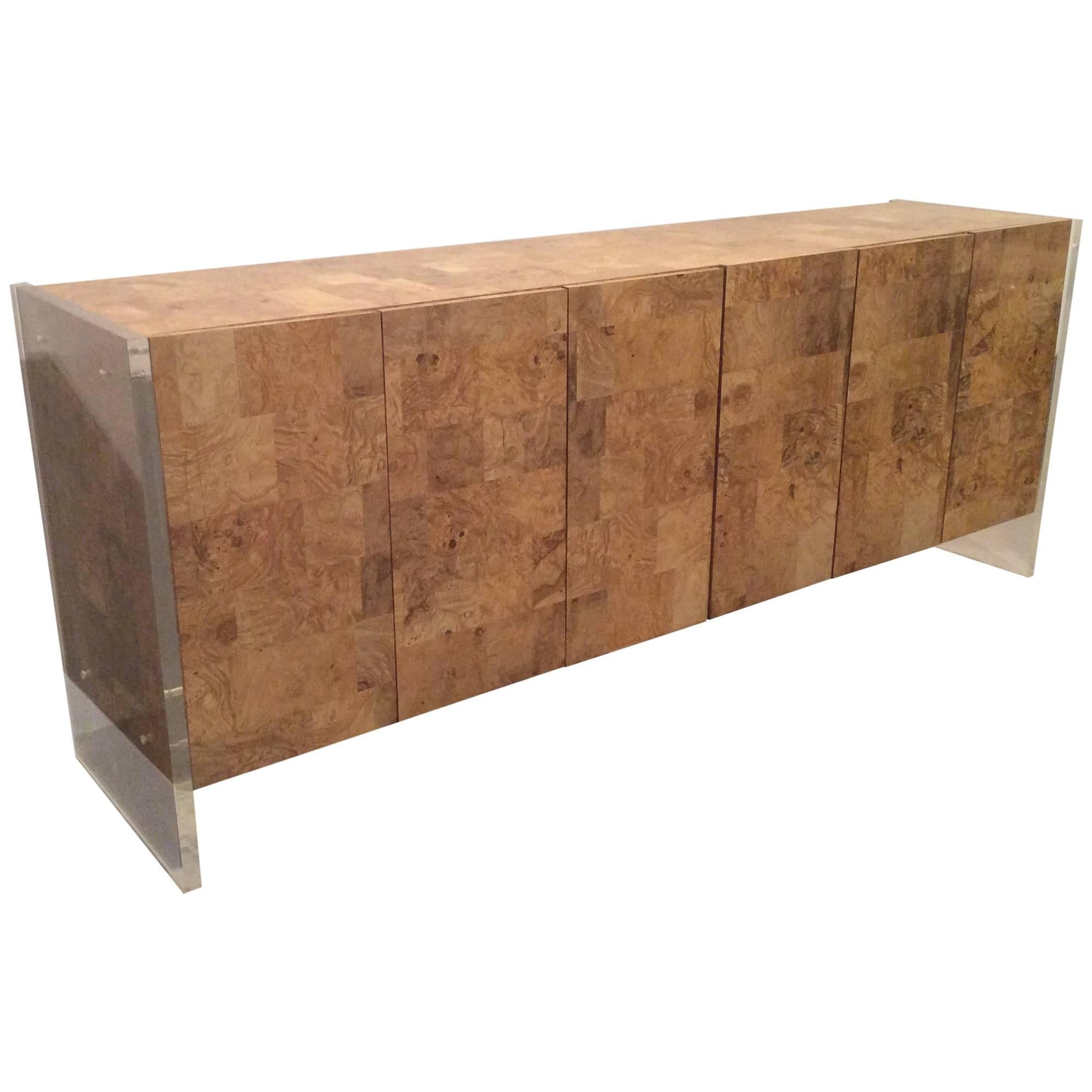 Faux Burl Wood Lucite Credenza Vintage Sideboard Buffet Dresser Patchwork 