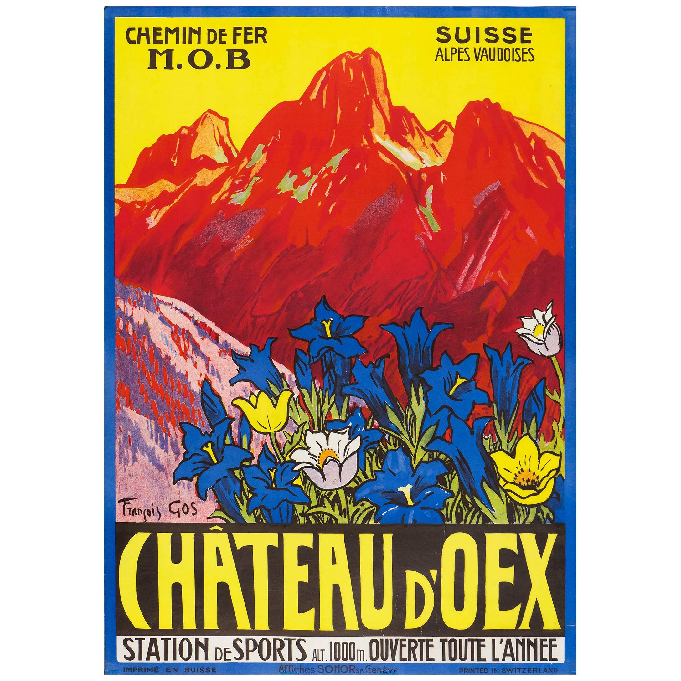 Vintage Swiss Alps Travel Poster by F. Gos for Chateau d’Oex–MOB Railroad
