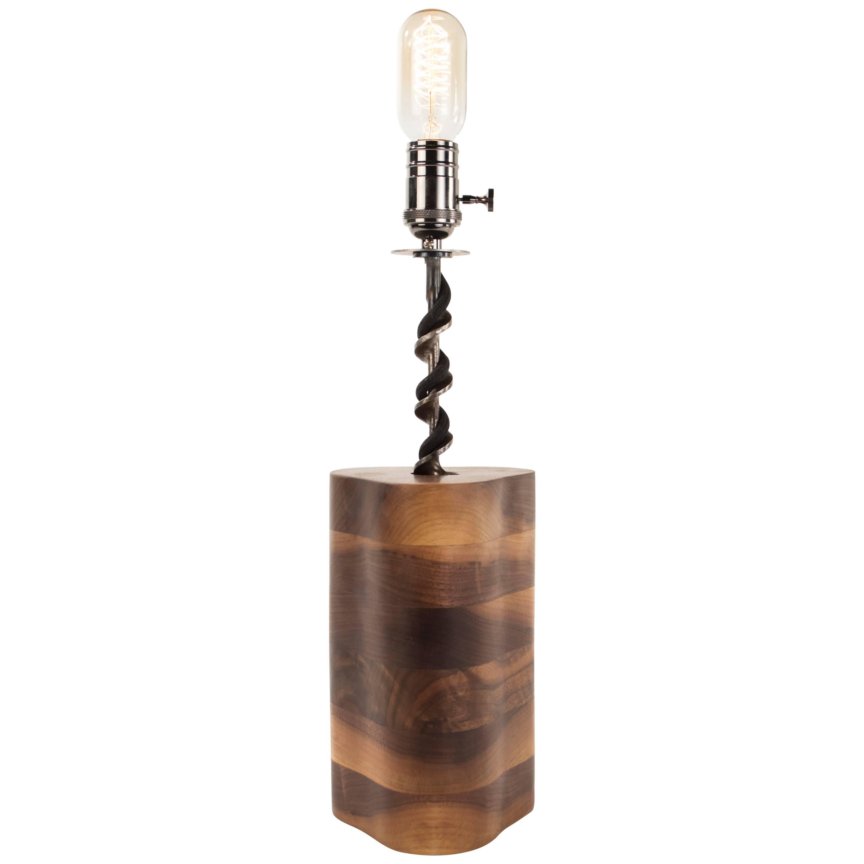 BITS Series No. 2 Table Lamp : sculpted walnut , antique drill bit , handmade For Sale