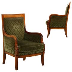 Pair of Empire Style Carved Antique Bergere Armchairs, 20th Century