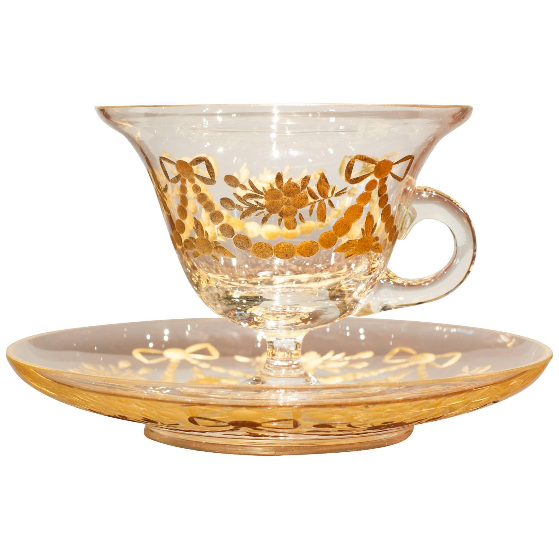  Engraved and Gilt Glass Punch Cup and Saucer-France c.1900