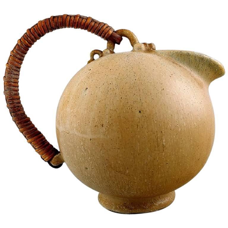 Arne Bang Art Pottery Pitcher with Wicker Handle, Denmark, 1940s at 1stDibs