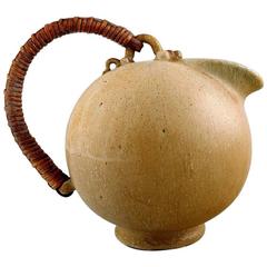 Arne Bang Art Pottery Pitcher with Wicker Handle, Denmark, 1940s