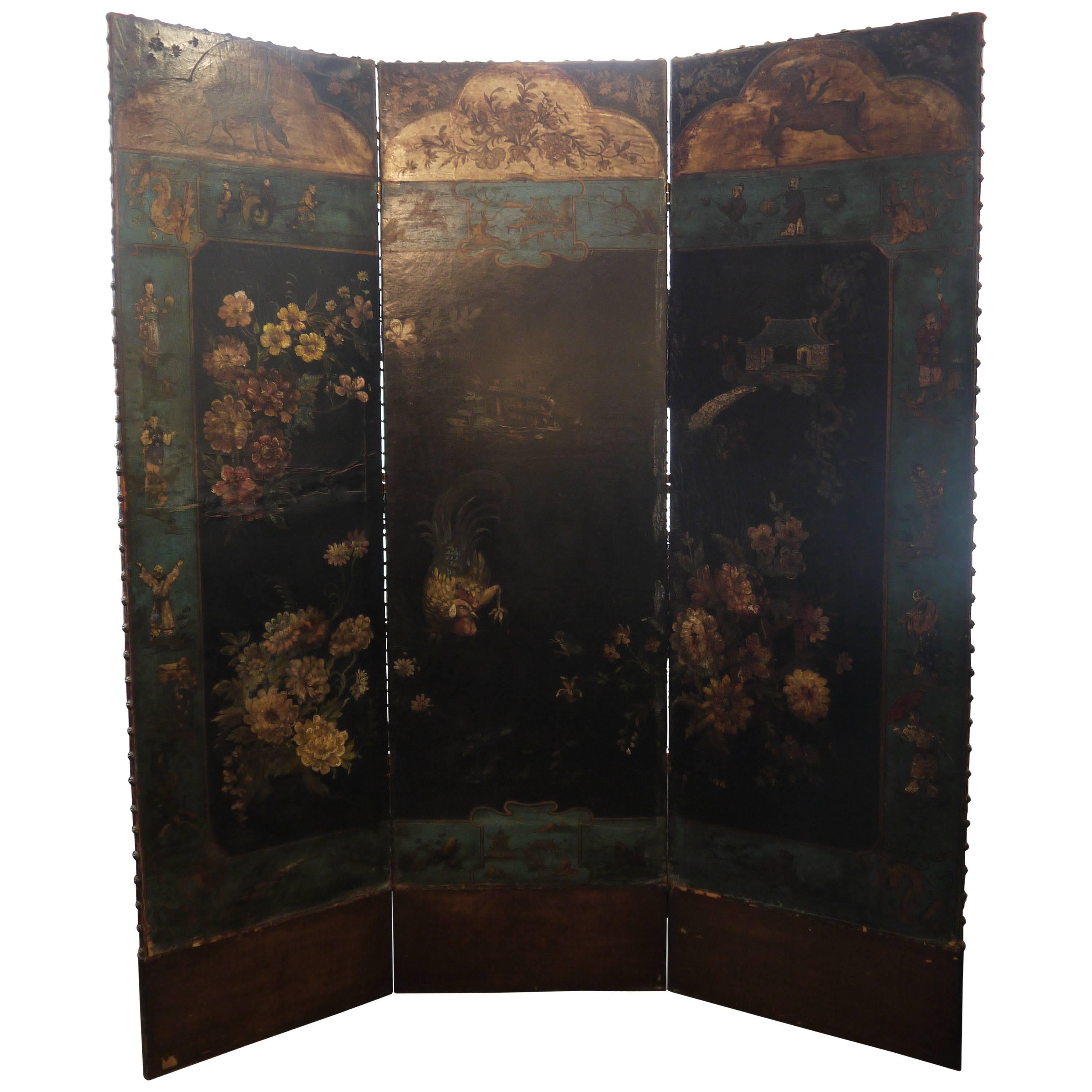 Three-Fold Chinoiserie Leather Screen