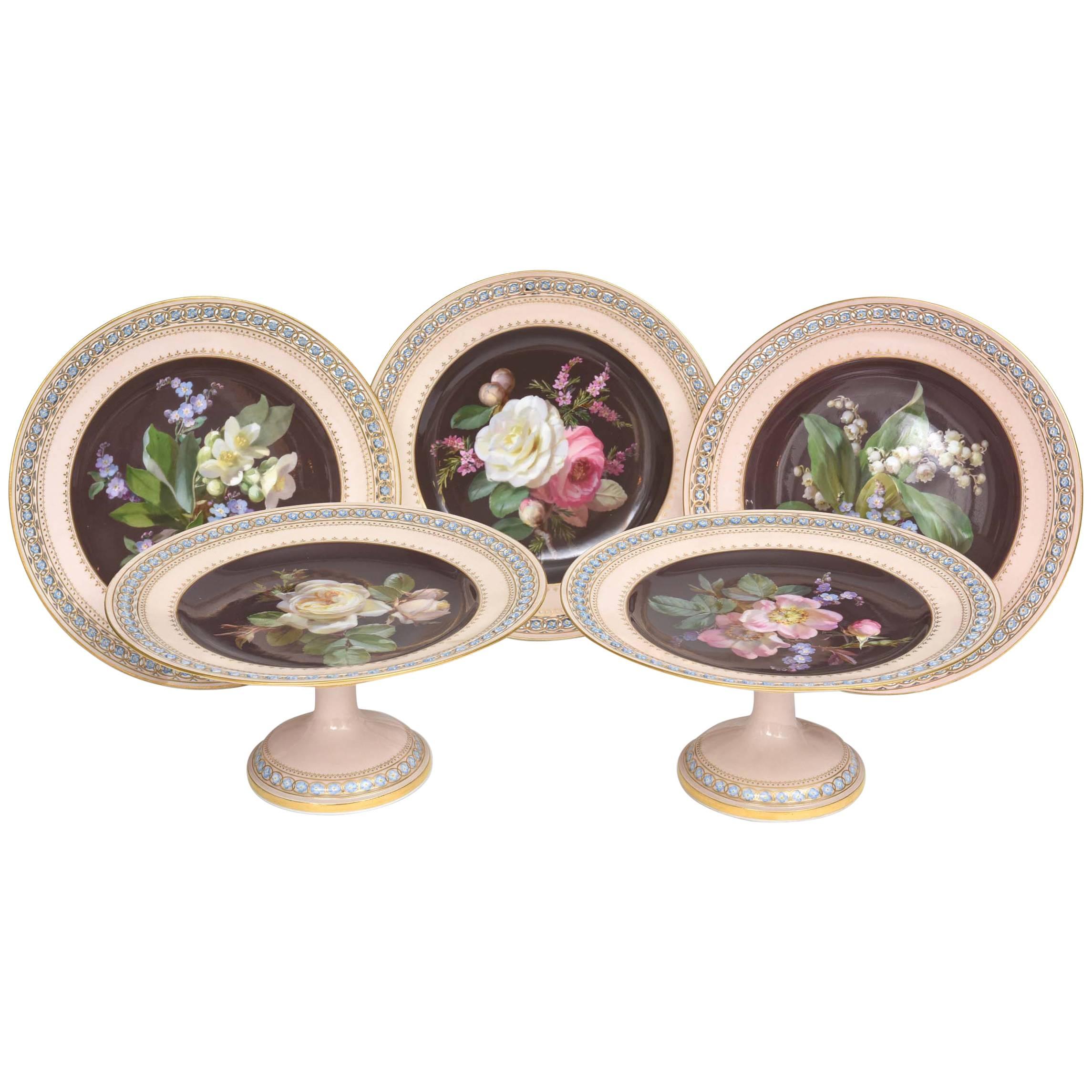 Rare Meissen Fine Porcelain Cabinet Pieces. Hand-Painted Botanicals, Reticulated