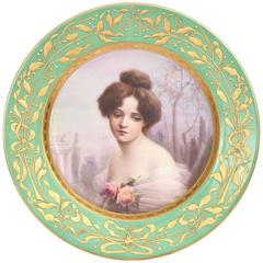 Antique Coalport Portrait Plate, a Beautiful Woman with Roses in Garden