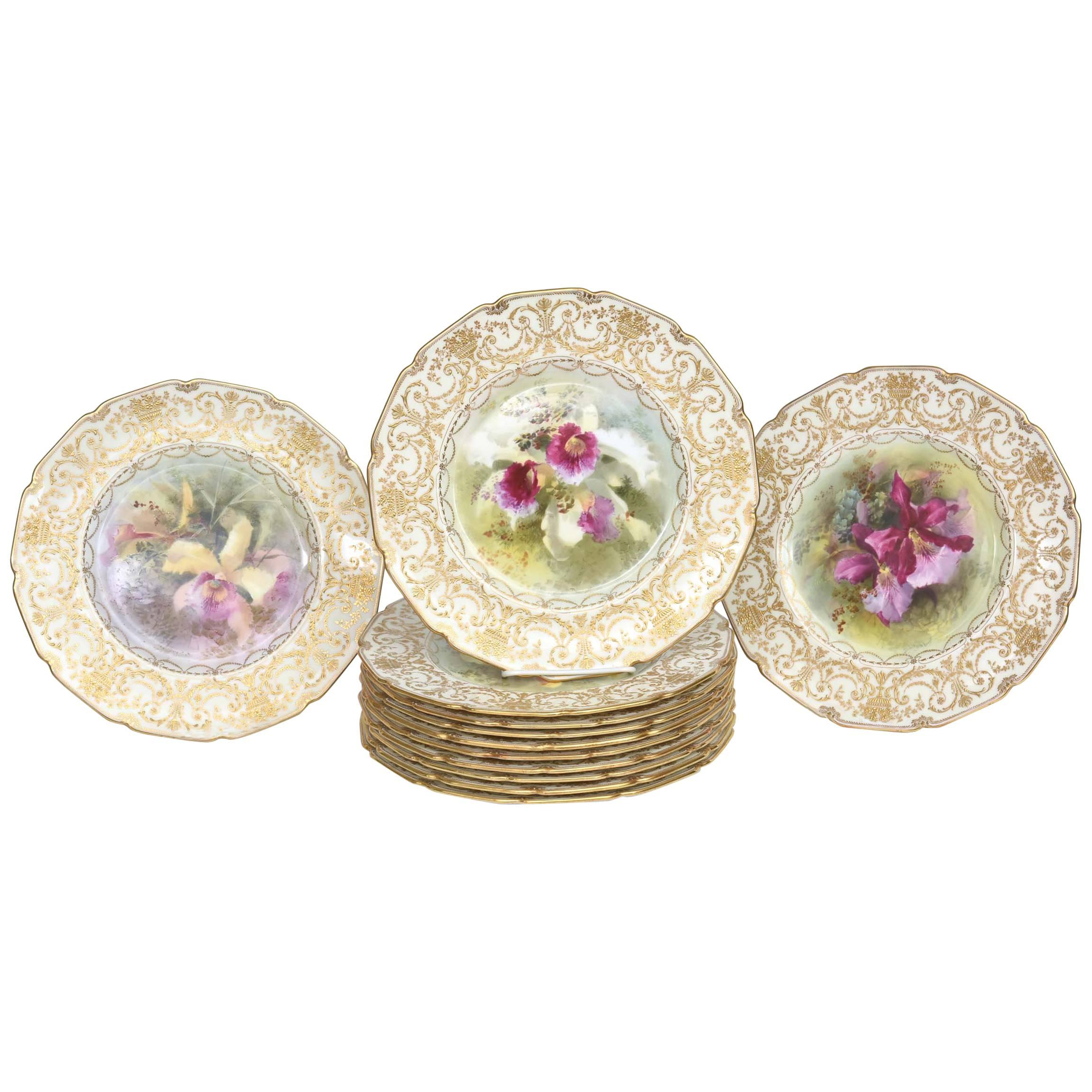 Magnificent Set of 12 Orchid Presentation Plates, Ornate and Elaborately Gilded