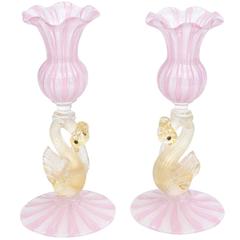 Pair of Venetian Glass Candlesticks, Pink and White Latticino with Figural Swans