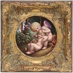 Museum Quality Fine Antique Porcelain Plaque, Carved Giltwood Frame, Cupid/Eros