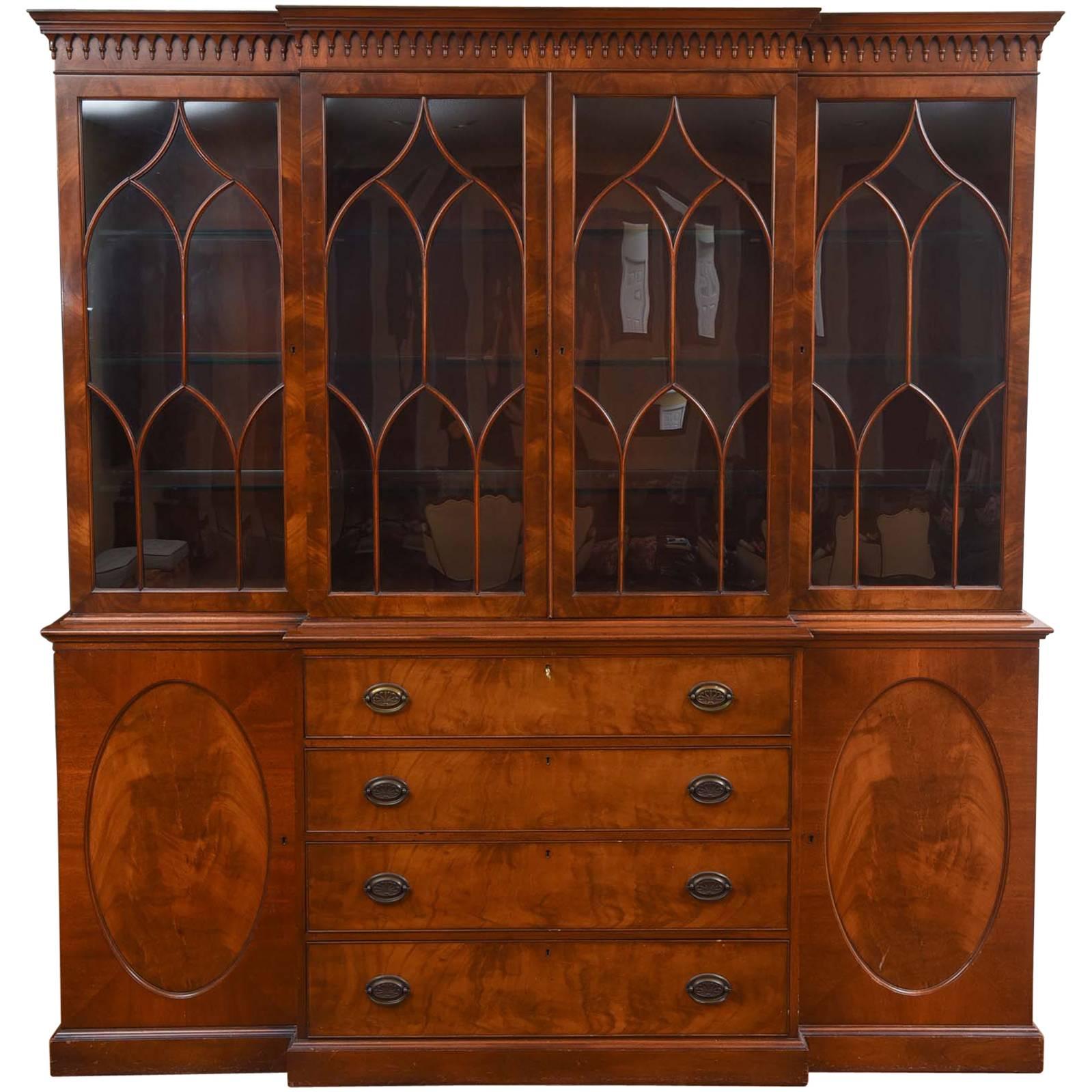 Massive Custom Semi Antique Breakfront Cabinet Mahogany Inlaid with Great Detail