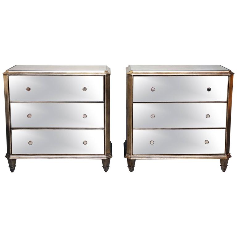 Vintage, Pair of Mirrored Dressers, Silver Finish, Mirrored on Three