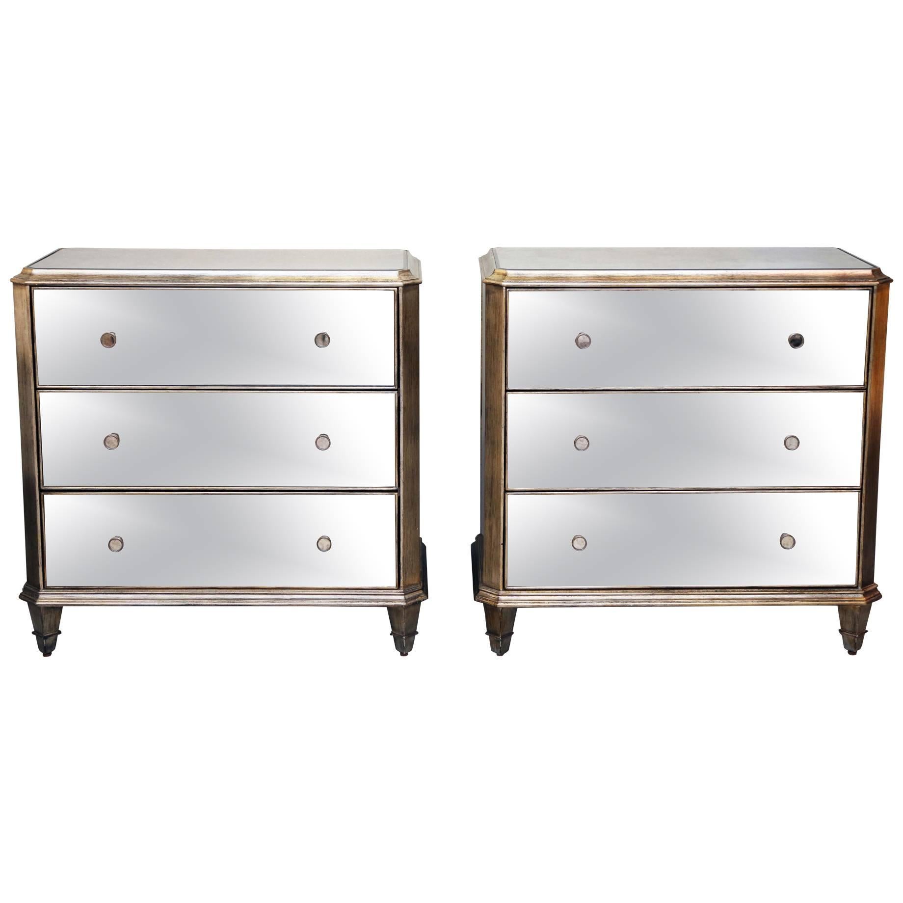 Vintage, Pair of Mirrored Dressers, Silver Finish, Mirrored on Three Sides