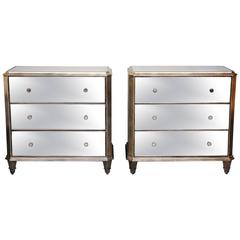 Vintage, Pair of Mirrored Dressers, Silver Finish, Mirrored on Three Sides