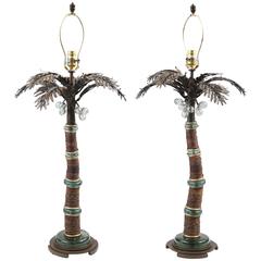Pair of Vintage Bronze and Glass Palm Tree Lamps